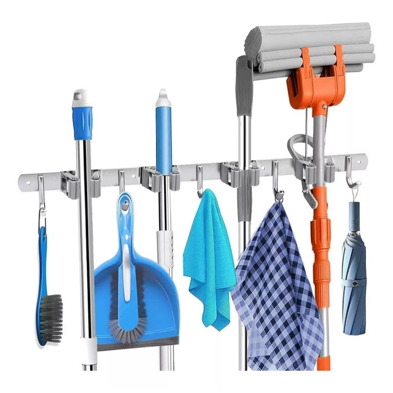 Suporte Inox De Parede 7 ou 9 Ganchos Porta Vassoura Mop Rodo Utensílios de Limpeza JH